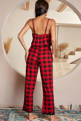Plaid Lace Trim Spaghetti Strap Jumpsuit OutfitFlow